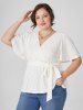 Plus Size Textured V Neck Surplice Self Belt Flare Sleeve Solid Color Tee -  