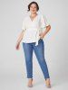 Plus Size Textured V Neck Surplice Self Belt Flare Sleeve Solid Color Tee -  