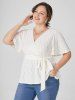 Plus Size Textured V Neck Surplice Self Belt Flare Sleeve Solid Color Tee -  