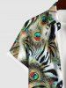 Hawaii Plus Size Turn-down Collar Peacock Feather Tiger Zebra Striped Print Button Pocket Shirt For Men - Vert 4XL
