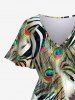 Robe Trapèze Rayée à Imprimé Tigre et Plume de Paon avec Poche Grande Taille - Vert 6X