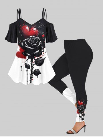 Paint Dripping Rose Flower Colorblock Printed Cold Shoulder T-shirt and Leggings Plus Size Matching Set - BLACK