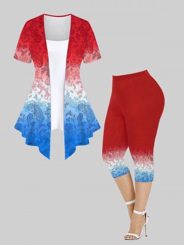 Ombre Paisley Floral Printed Patchwork 2 in 1 T-shirt and Leggings Plus Size Matching Set - MULTI-A