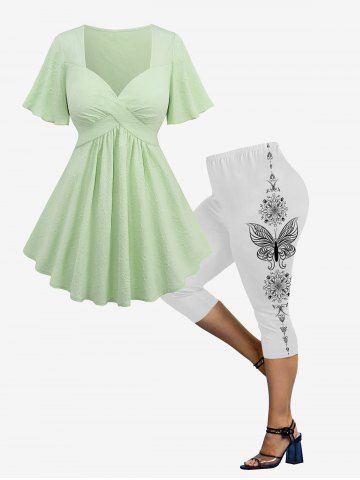 Flowers Jacquard Ruched Ruffles Blouse and Butterfly Print Capri Leggings Plus Size Outfit - GREEN
