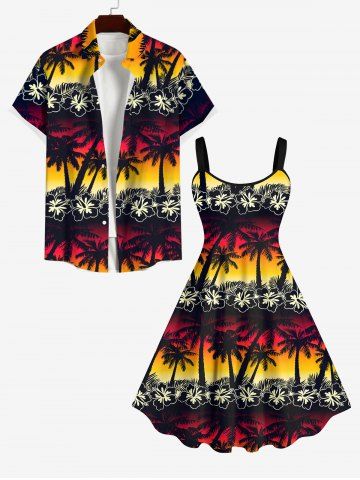 Flower Coconut Tree Leaf Ombre Colorblock Sky Print Plus Size Matching Hawaii Beach Outfit for Couples - BLACK