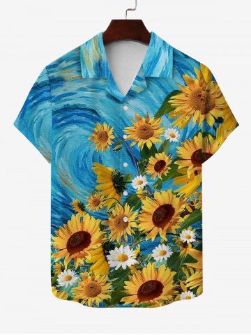 Hawaii Plus Size Turn-down Collar Sunflower Daisy Painting Print Pocket Button Shirt For Men - BLUE - XL