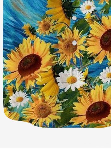 Sunflower Daisy Painting Print Split Pocket Dress and Button Shirt Plus Size Matching Hawaii Beach Outfit for Couples