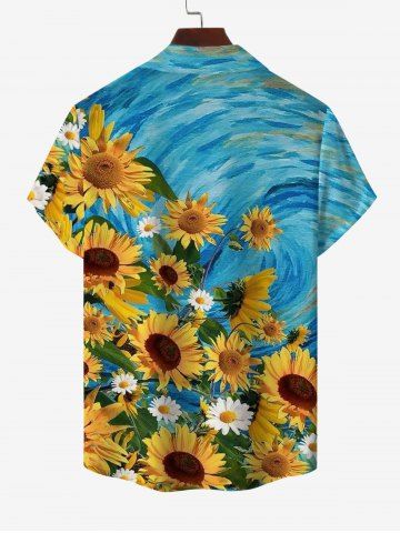 Sunflower Daisy Painting Print Split Pocket Dress and Button Shirt Plus Size Matching Hawaii Beach Outfit for Couples
