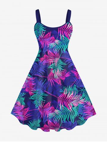 Hawaii Plus Size Colorful Coconut Tree Leaf Print Backless A Line Tank Dress - BLUE - S