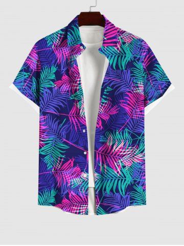 Hawaii Plus Size Colorful Coconut Tree Leaf Print Button Pocket Shirt For Men - BLUE - S