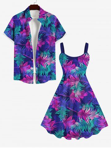Colorful Coconut Tree Leaf Print Dress and Button Pocket Shirt Plus Size Matching Hawaii Beach Outfit for Couples