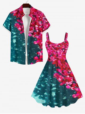 Sea Rose Flower Print Tank Dress and Buttons Pocket Shirt Plus Size Matching Hawaii Beach Outfit for Couples