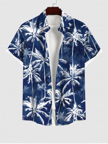 Hawaii Plus Size Coconut Tree Print Buttons Pocket Shirt For Men - BLUE - S