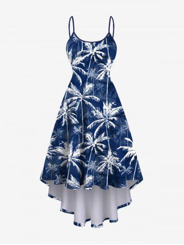Hawaii Plus Size Coconut Tree Print High Low Cami Dress - DEEP BLUE - S