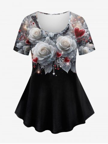 Plus Size Rose Flower Leaf Heart Tassel Glitter 3D Print T-shirt - BLACK - S