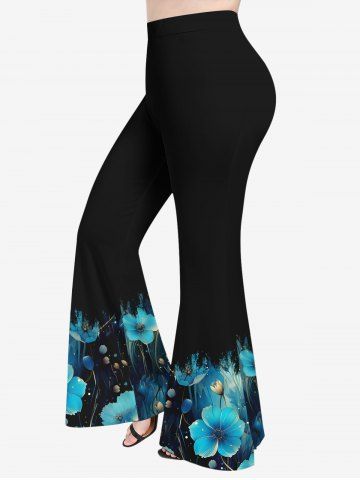 Plus Size Flowers Glitter 3D Print Flare Pants - BLACK - L