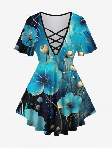 Plus Size Flowers Glitter 3D Print Lattice Crisscross Flare Sleeve T-shirt - BLACK - 6X