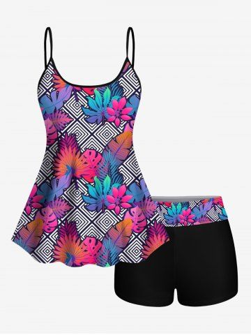 Hawaii Plus Size Ombre Leaf Geometric Plaid Print Boyleg Tankini Swimsuit (Adjustable Shoulder Strap) - MULTI-A - XS
