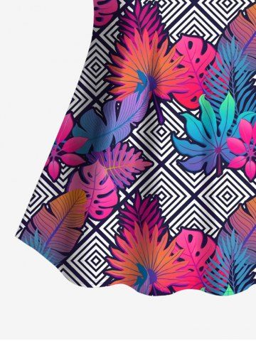 Hawaii Plus Size Ombre Leaf Geometric Plaid Print Boyleg Tankini Swimsuit (Adjustable Shoulder Strap)