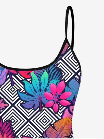 Hawaii Plus Size Ombre Leaf Geometric Plaid Print Boyleg Tankini Swimsuit (Adjustable Shoulder Strap)