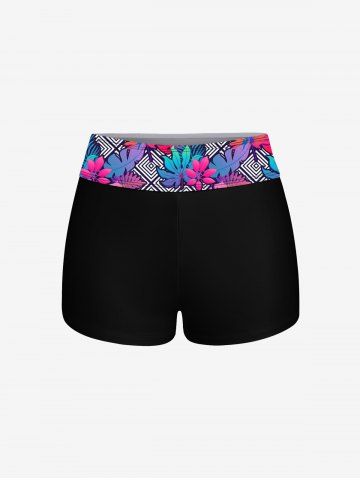 Hawaii Plus Size Ombre Leaf Geometric Plaid Print Boyleg Tankini Swimsuit (Adjustable Shoulder Strap)