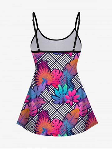 Hawaii Plus Size Ombre Leaf Geometric Plaid Print Boyleg Tankini Swimsuit (Adjustable Shoulder Strap)