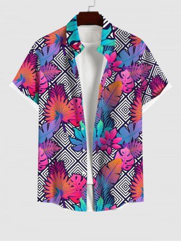 Hawaii Plus Size Ombre Leaf Geometric Plaid Print Button Pocket Shirt For Men - MULTI-A - S