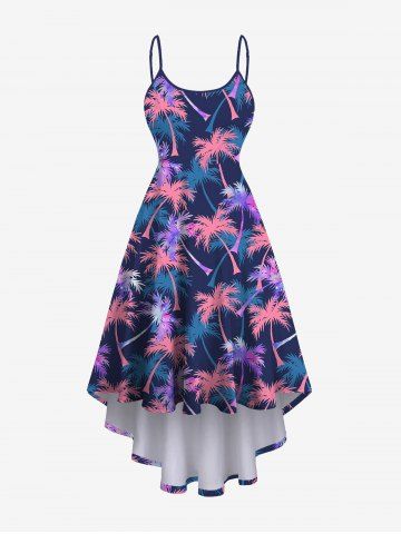 Hawaii Plus Size Coconut Tree Leaf Print High Low Cami Dress - BLUE - L
