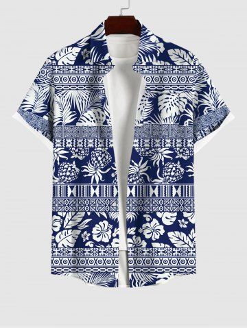 Plus Size Pineapple Floral Coconut Tree Striped Ethnic Graphic Print Button Pocket Hawaii Shirt For Men - BLUE - S