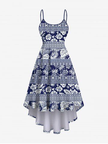 Plus Size Pineapple Floral Coconut Tree Striped Print Backless High Low A Line Hawaii Asymmetric Dress - BLUE - XS