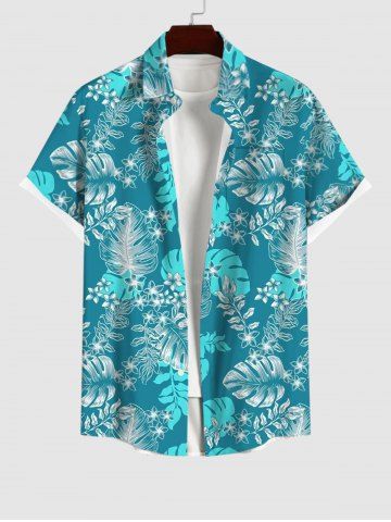 Plus Size Coconut Tree Leaf Flower Print Buttons Pocket Hawaii Shirt For Men - GREEN - S