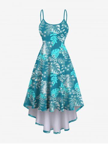 Plus Size Coconut Tree Leaf Flower Print Backless High Low A Line Hawaii Asymmetric Dress - GREEN - XS