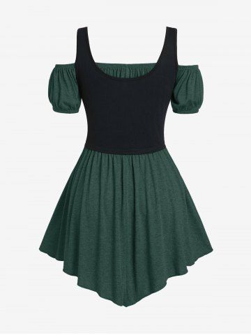 Plus Size Medieval Renaissance Ruched Off Shoulder  Asymmetrical Tee With Grommets Lace Up Marled Waistcoat