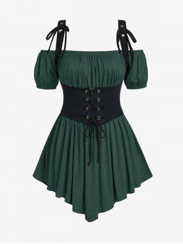 Plus Size Ruched Off Shoulder  Asymmetrical Tee With Grommets Lace Up Marled Waistcoat - DEEP GREEN - 5X | US 30-32