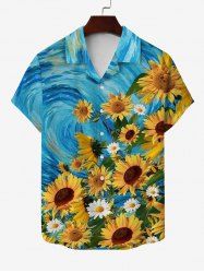 Hawaii Plus Size Turn-down Collar Sunflower Daisy Painting Print Pocket Button Shirt For Men - Bleu XL