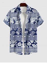 Plus Size Pineapple Floral Coconut Tree Striped Ethnic Graphic Print Button Pocket Hawaii Shirt For Men -  