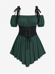 Plus Size Ruched Off Shoulder  Asymmetrical Tee With Grommets Lace Up Marled Waistcoat -  