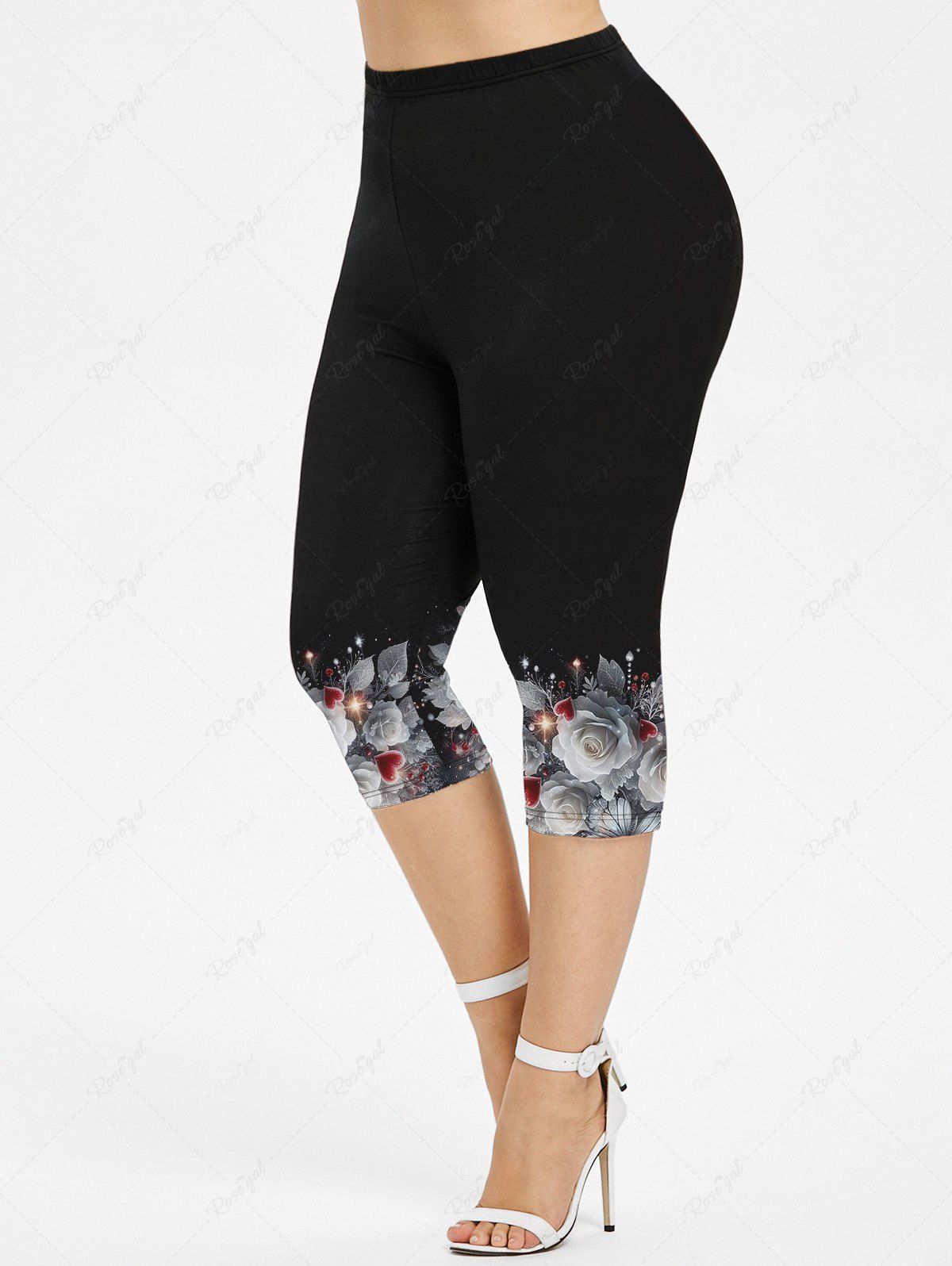 Cheap Plus Size Rose Flower Leaf Heart Glitter 3D Print Capri Leggings  