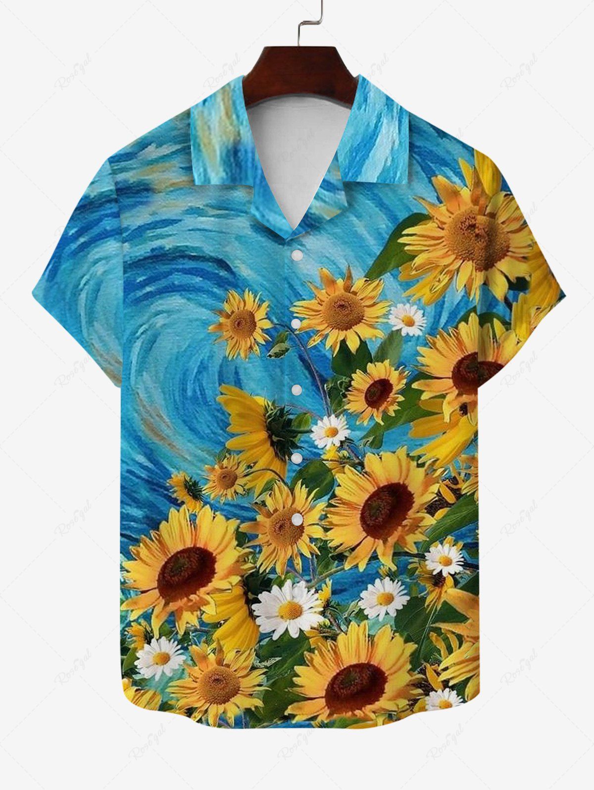 Hawaii Plus Size Turn-down Collar Sunflower Daisy Painting Print Pocket Button Shirt For Men Bleu 3XL