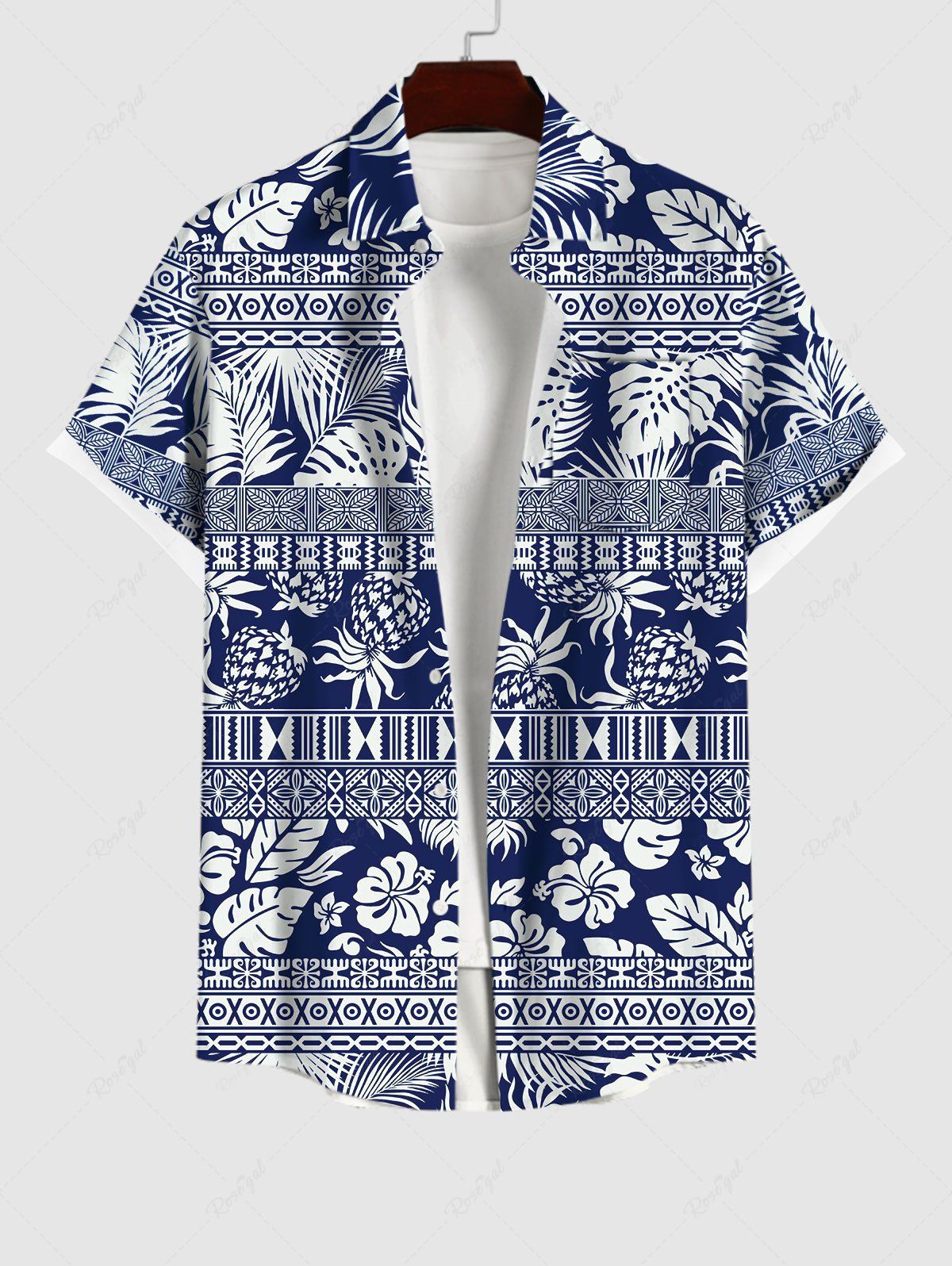 Store Plus Size Pineapple Floral Coconut Tree Striped Ethnic Graphic Print Button Pocket Hawaii Shirt For Men  