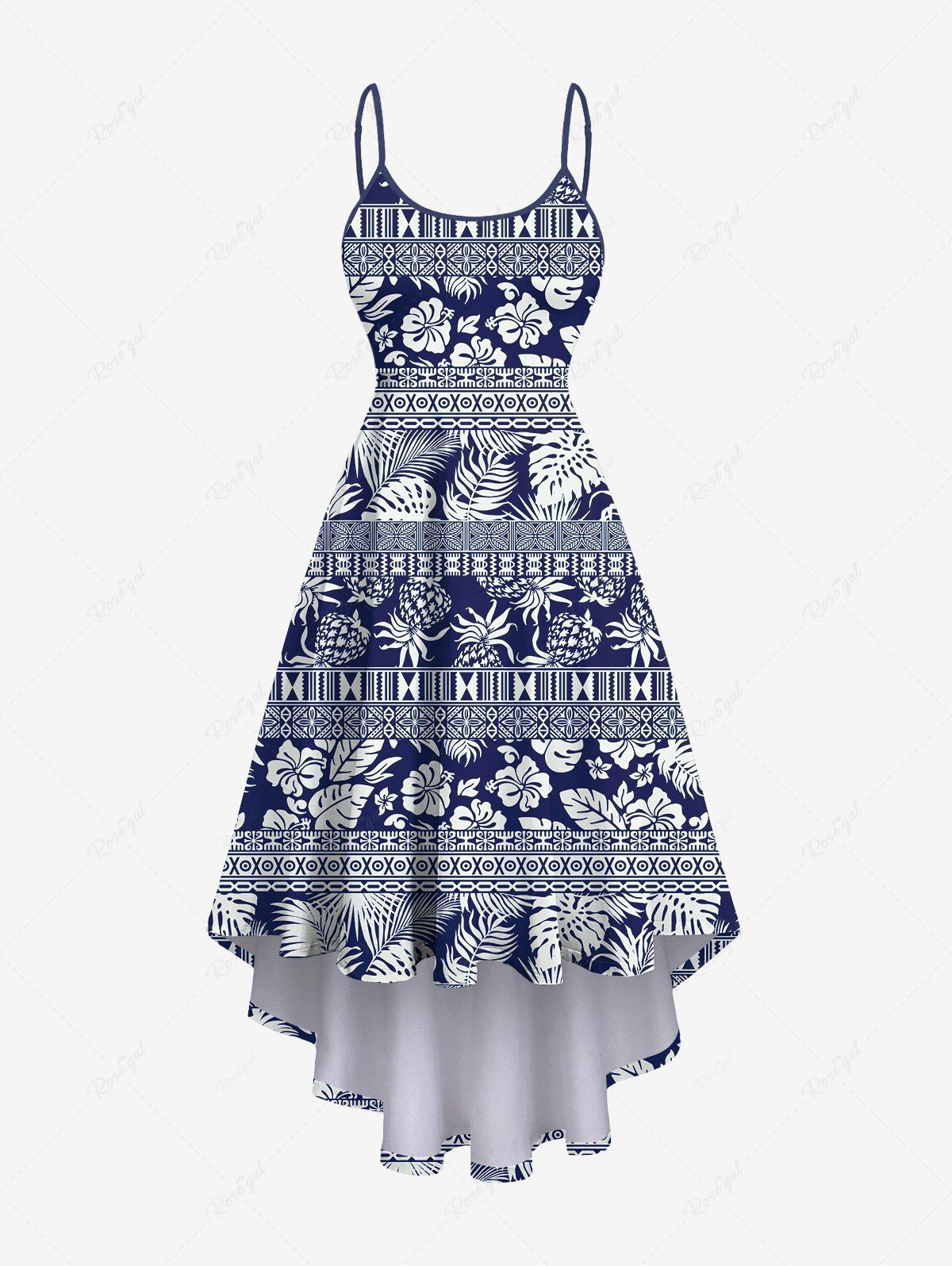 Discount Plus Size Pineapple Floral Coconut Tree Striped Print Backless High Low A Line Hawaii Asymmetric Dress  