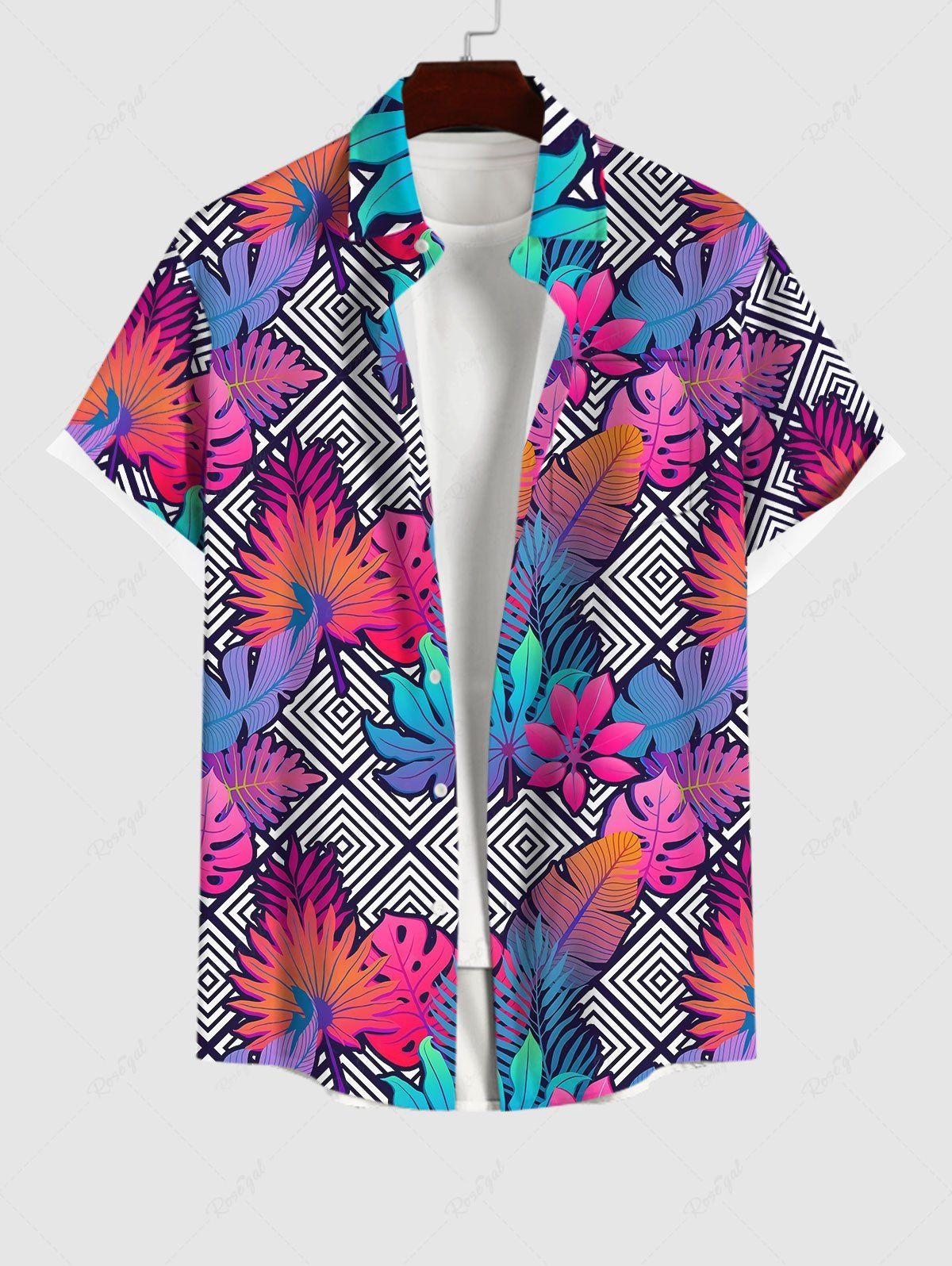 Buy Hawaii Plus Size Ombre Leaf Geometric Plaid Print Button Pocket Shirt For Men  
