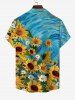Hawaii Plus Size Turn-down Collar Sunflower Daisy Painting Print Pocket Button Shirt For Men - Bleu XL
