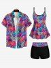 Hawaii Plus Size Ombre Leaf Geometric Plaid Print Boyleg Tankini Swimsuit (Adjustable Shoulder Strap) -  