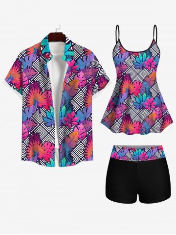 Ombre Leaf Geometric Plaid Print Boyleg Tankini Swimsuit and Button Shirt Plus Size Matching Hawaii Beach Outfit