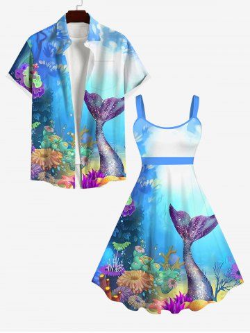 Sea Creatures Underwater World Graphic Mermaid Print Ombre Dress and Button Shirt Plus Size Matching Hawaii Beach Outfit for Couples