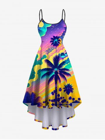 Hawaii Plus Size Hawaii Vacation Coconut Tree Sun Cloud Print High Low Cami Dress - MULTI-A - 1X