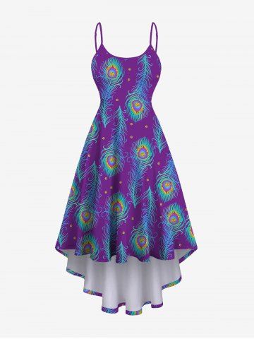 Plus Size Ombre Peacock Feather Print High Low Asymmetric Backless A Line Cami Dress - BLUE - M