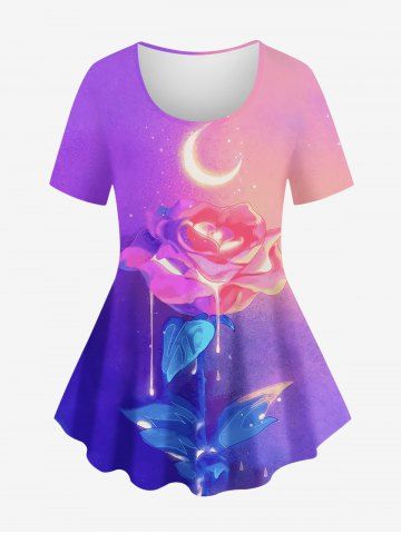 Plus Size Moon Rose Flower Ombre Colorblock Glitter 3D Print T-shirt - PURPLE - 1X