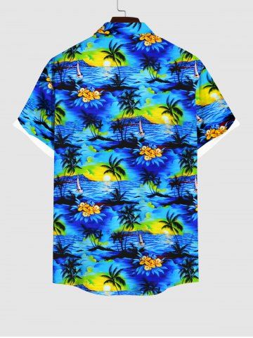 Coconut Tree Floral Sea Sun Print Dress and Button Shirt Plus Size Matching Hawaii Beach Outfit for Couples